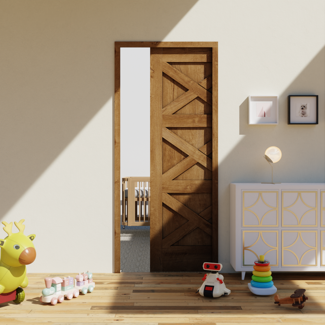 Craftsman Triple X Pocket Door in white oak in a kids bedroom