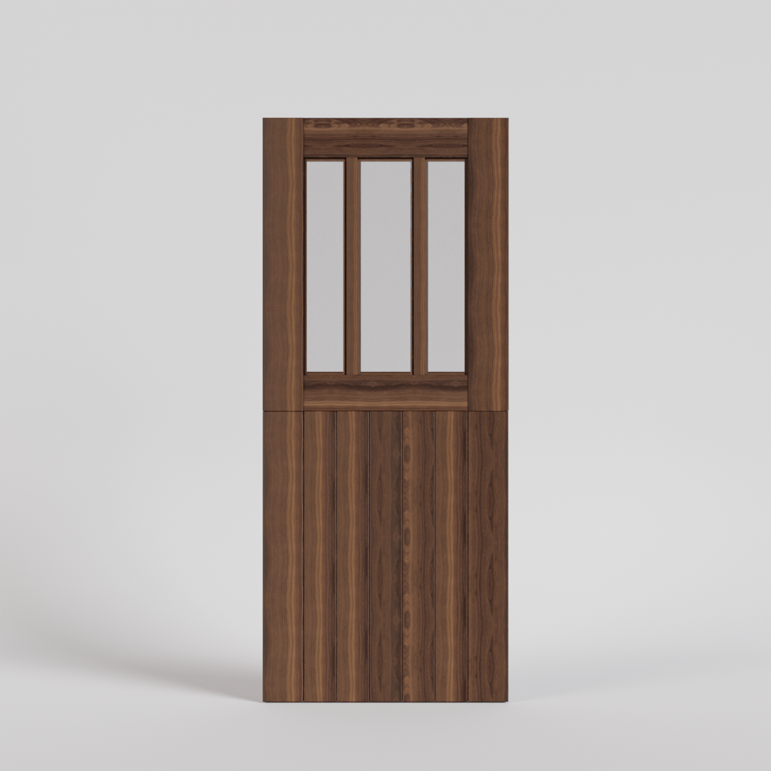 Black Walnut True Plank Dutch Door with three vertical glass panels