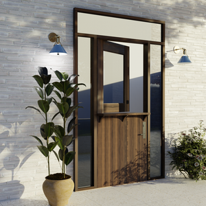 scene of Black Walnut Dutch door on modern home with side lights and transom window