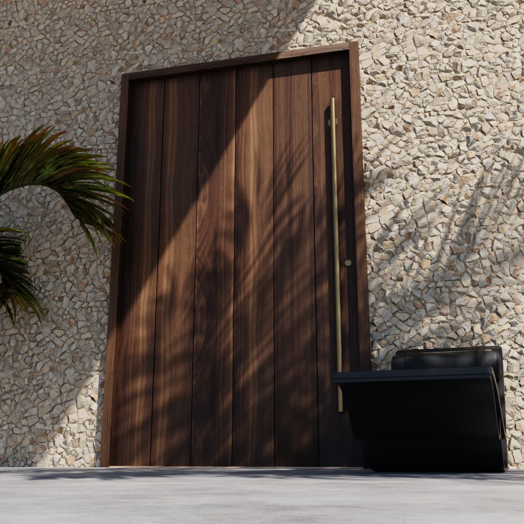 Closed True Plank Pivot Door in a stone wall next to a black lounge chair