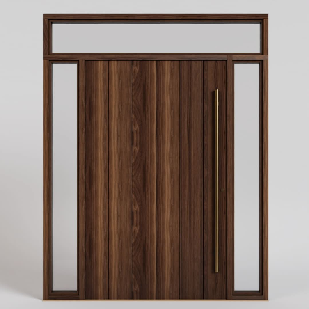 True Plank Pivot Door with Sidelights and Transom in Walnut Wood