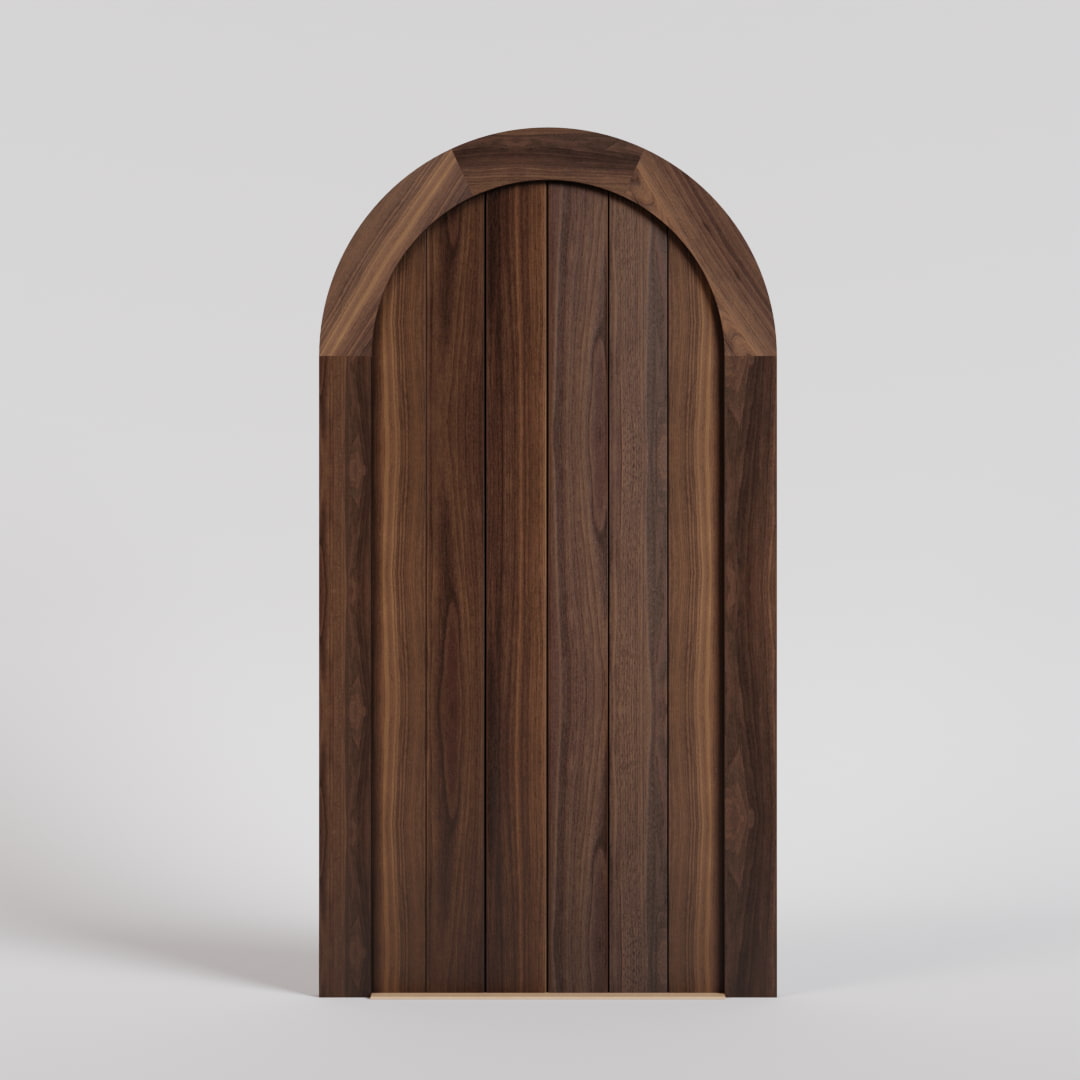 Flush Plank Round Top Door with matching casing in Black Walnut