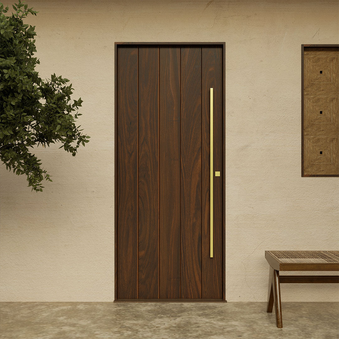 True Plank modern solid walnut wood door panel showcasing natural grain patterns and vertical plank design.