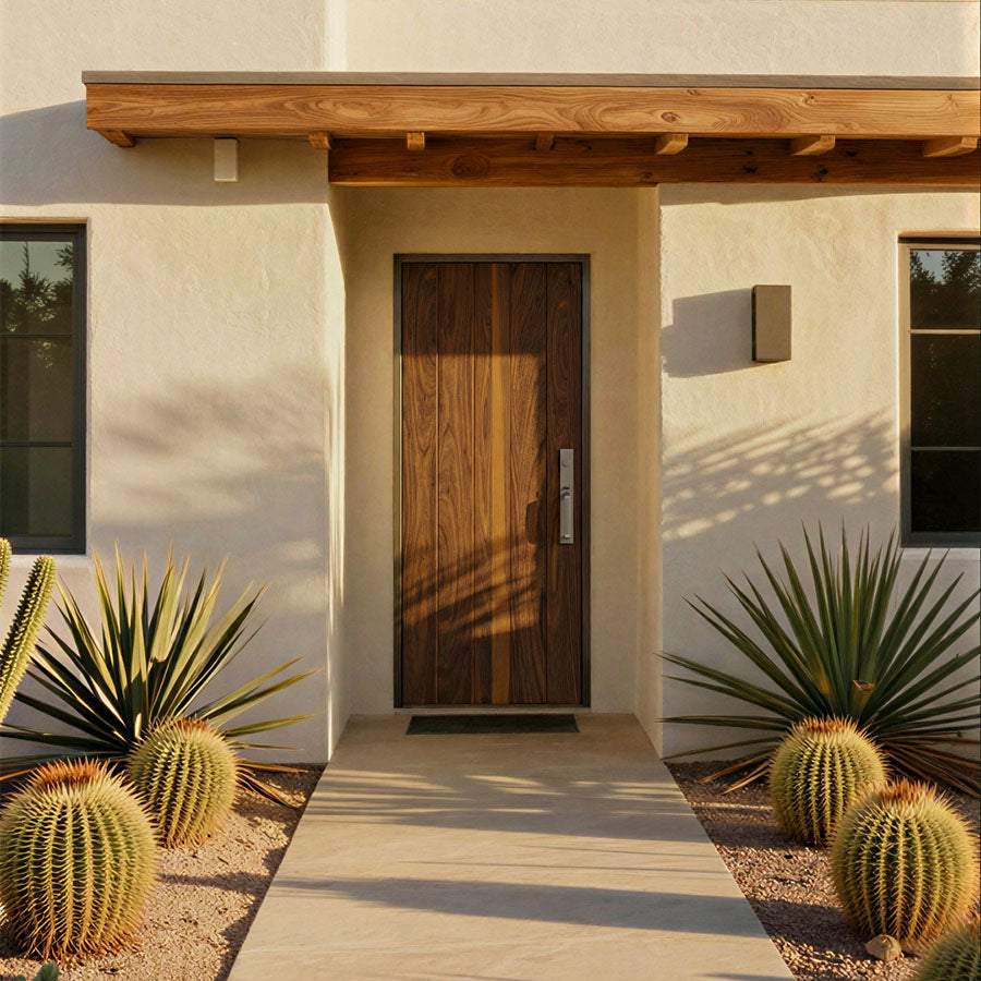 Modern house entrance with True Plank wooden door and cacti in front