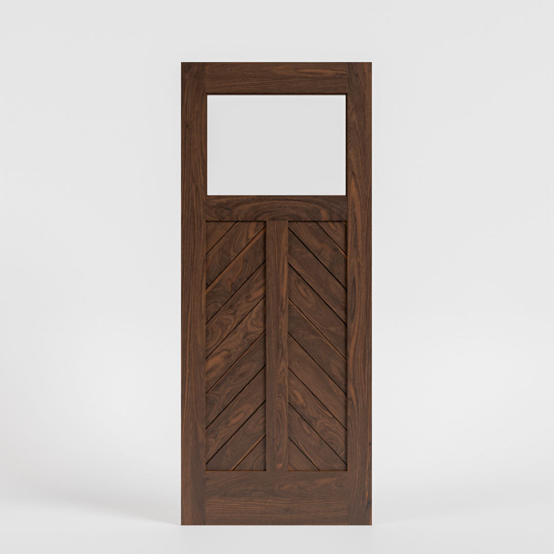 Laguna Chevron Paneled Solid Wood Exterior Door With Window on a white background