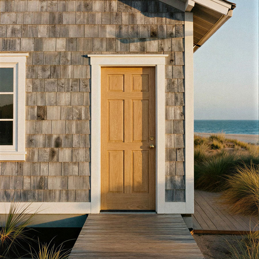  Raised Panel Waverly Mid-Century Modern front door in  quarter sawn white oak in a beach house