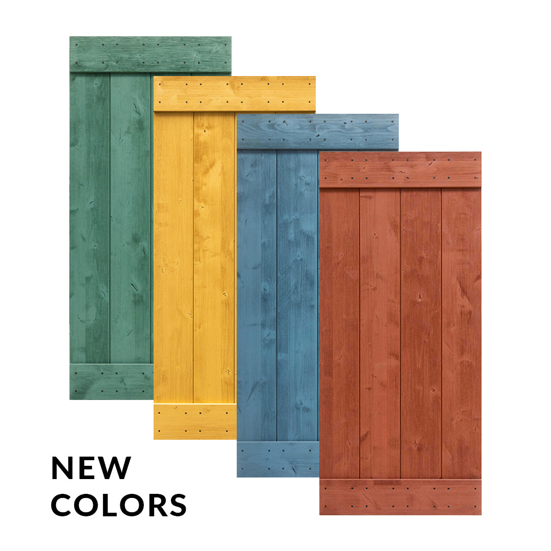 Weathered wood barn doors: Desert Journey Collection. Green, yellow, blue and red barn doors.