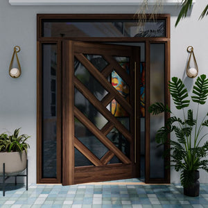 Zuma Diagonal Glass Pivot Door in a garden