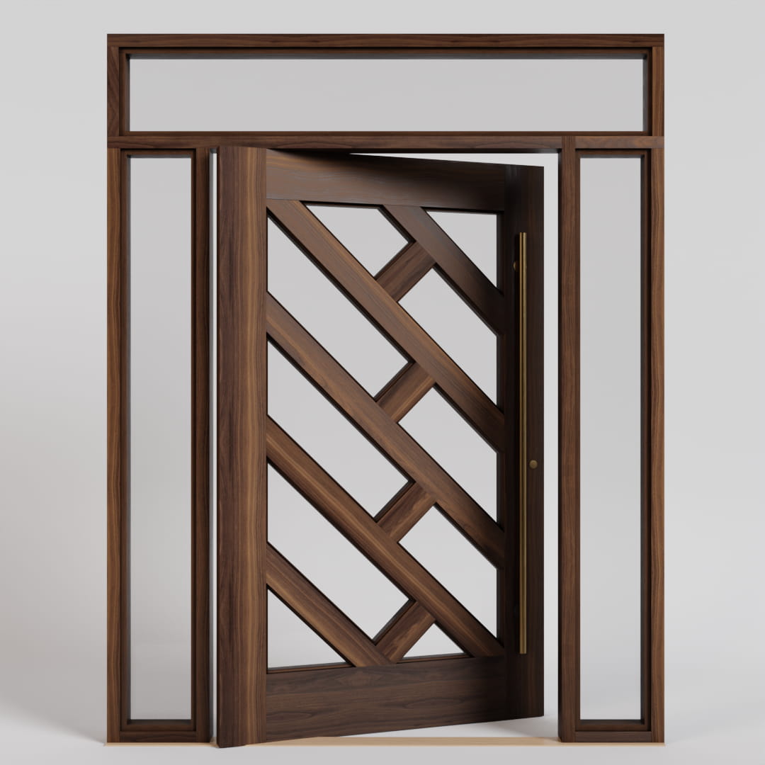 Zuma Diagonal Glass Pivot Door with sidelights and transom and a long brass handle