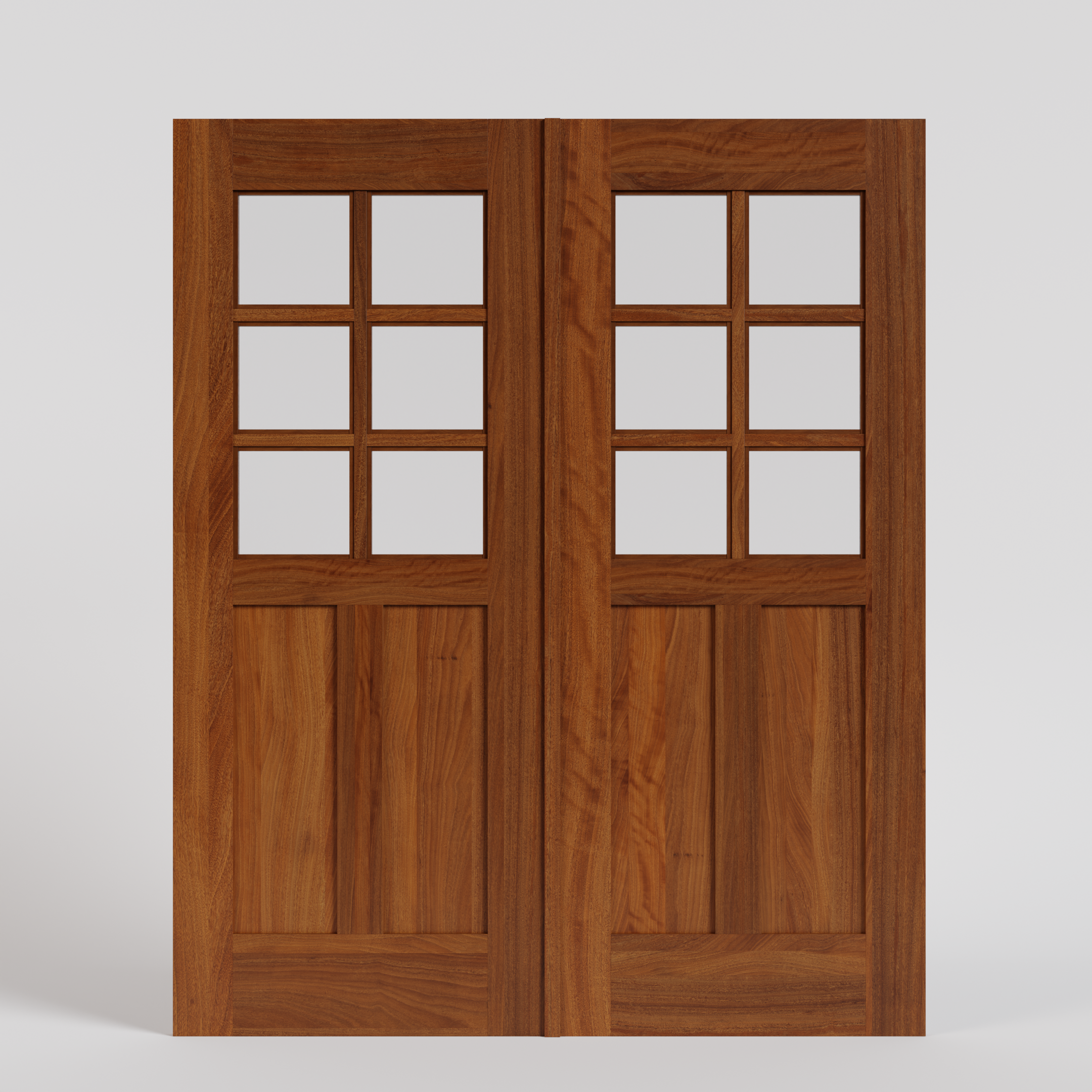 Wooden double doors with glass panels on a white background