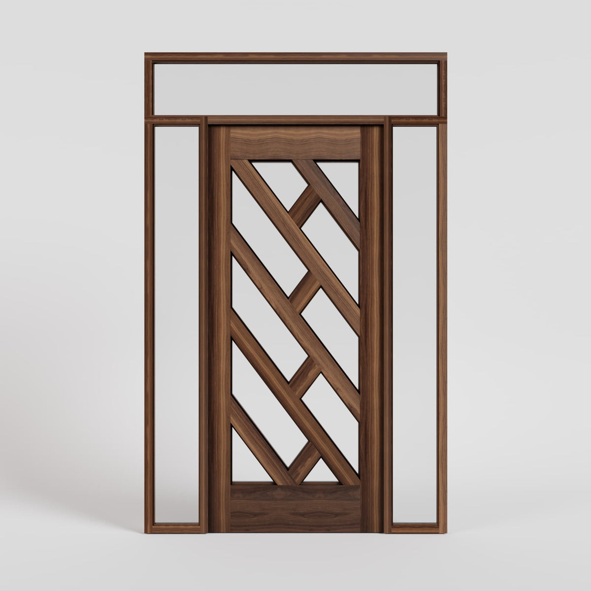 Zuma Diagonal Glass Front Door with sidelights and transom in black walnut wood