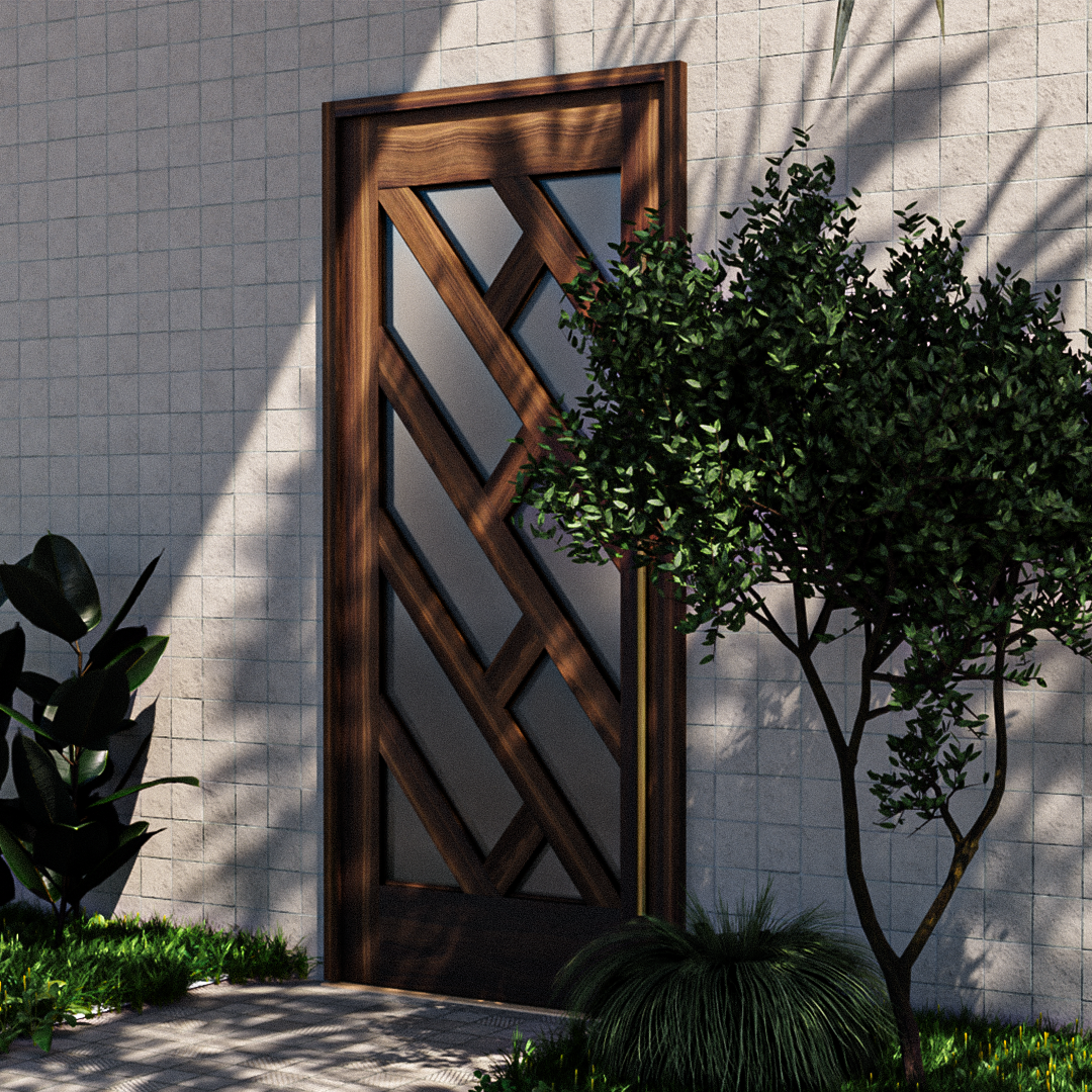 Zuma Diagonal Glass Front Door in a garden
