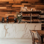 Lexington Reclaimed Wood Accent Wall Panels in a coffee shop
