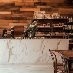 Lexington Reclaimed Wood Accent Wall Panels in a coffee shop
