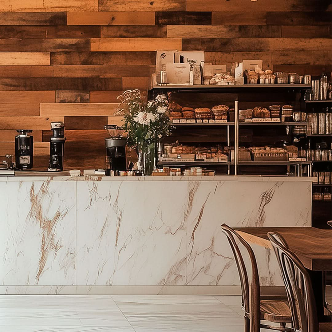 Lexington Reclaimed Wood Accent Wall Panels in a coffee shop
