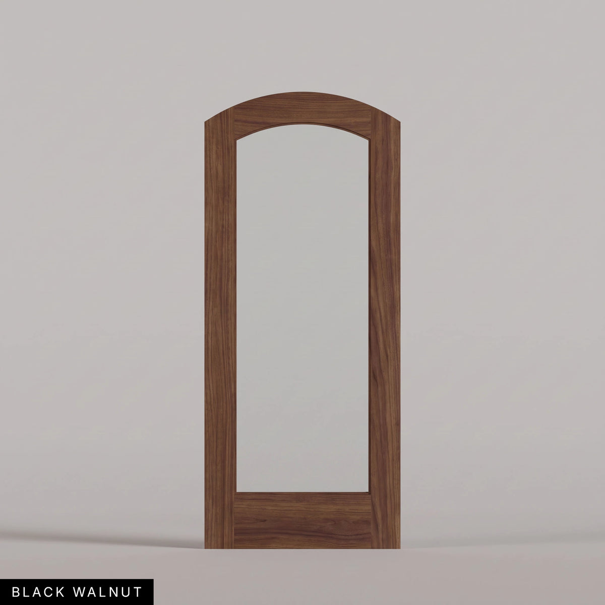 Amalfi arched door in Black Walnut, with a single full-height glass panel. Labeled wood species view.
