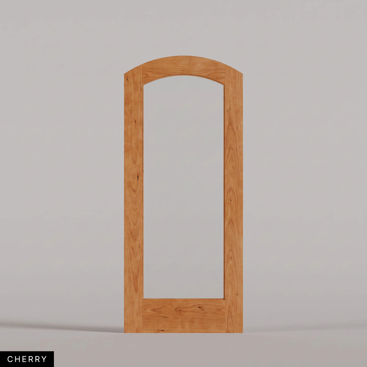 Amalfi arched door in Cherry, with a single full-height glass panel. Labeled wood species view.