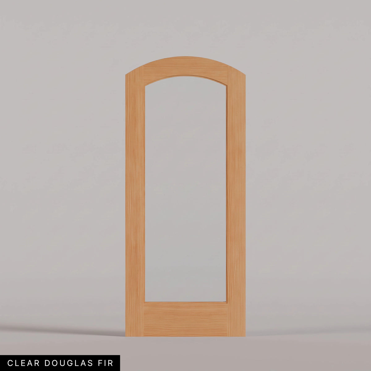 Amalfi arched door in Clear Douglas Fir, with a single full-height glass panel. Labeled wood species view.