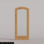 Amalfi arched door in Knotty White Oak, with a single full-height glass panel. Labeled wood species view.