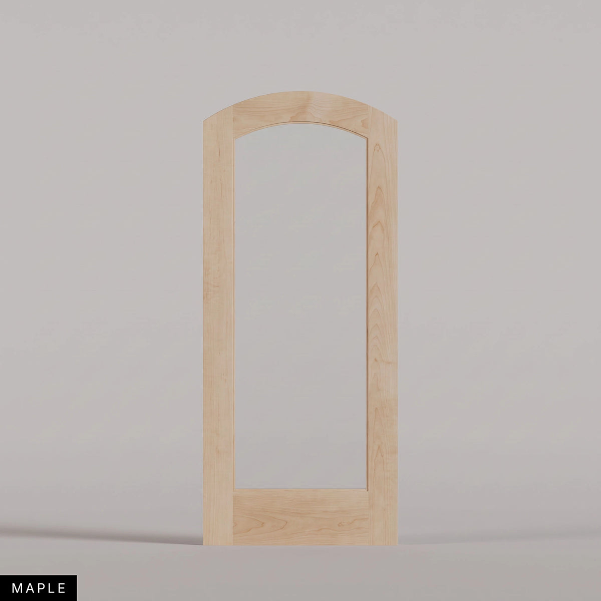 Amalfi arched door in Maple, with a single full-height glass panel. Labeled wood species view.