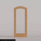 Amalfi arched door in Plain Sawn White Oak, with a single full-height glass panel. Labeled wood species view.