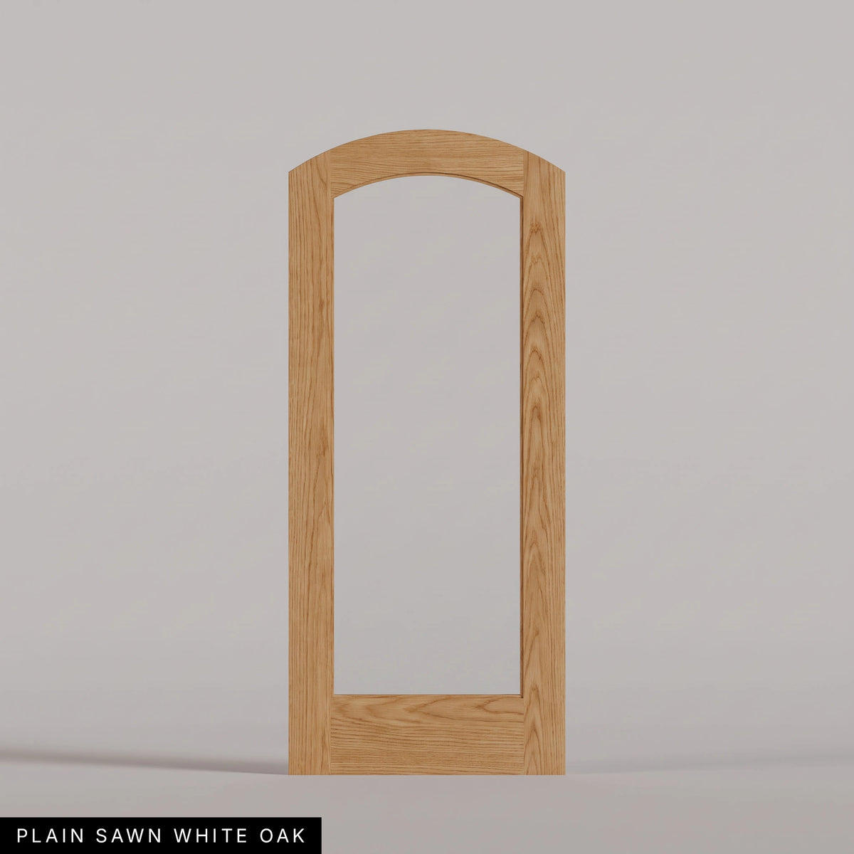 Amalfi arched door in Plain Sawn White Oak, with a single full-height glass panel. Labeled wood species view.