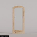 Amalfi arched door in Rustic Maple, with a single full-height glass panel. Labeled wood species view.