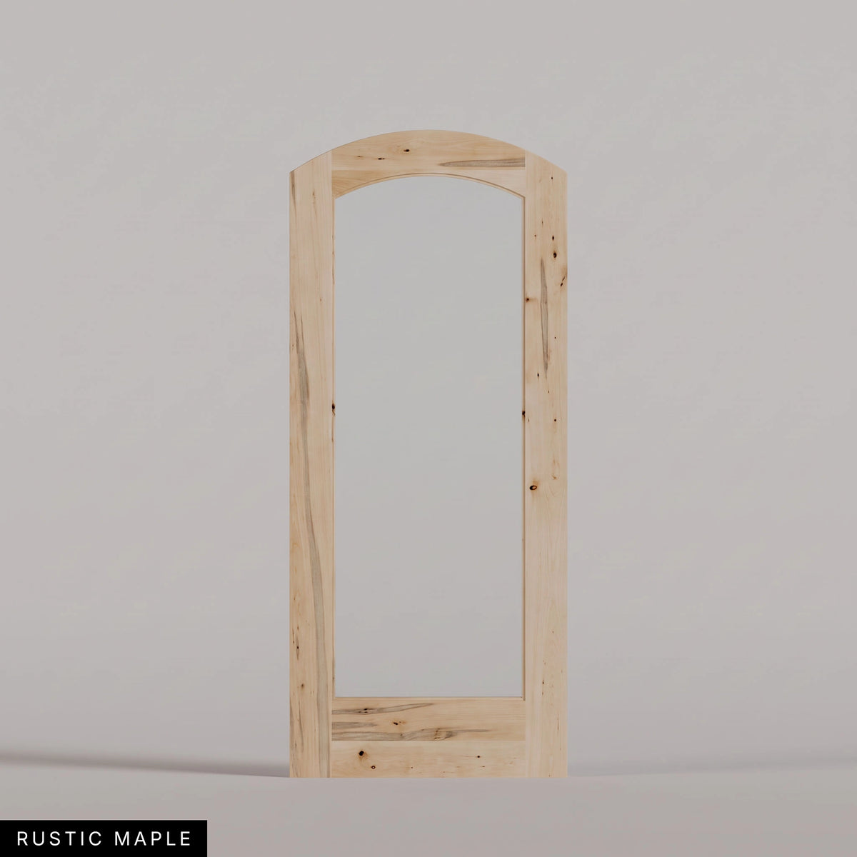 Amalfi arched door in Rustic Maple, with a single full-height glass panel. Labeled wood species view.
