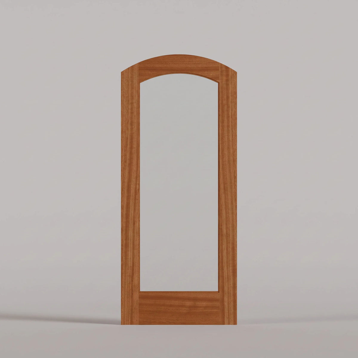 Amalfi arched door in Sapele Mahogany, with a single full-height glass panel.