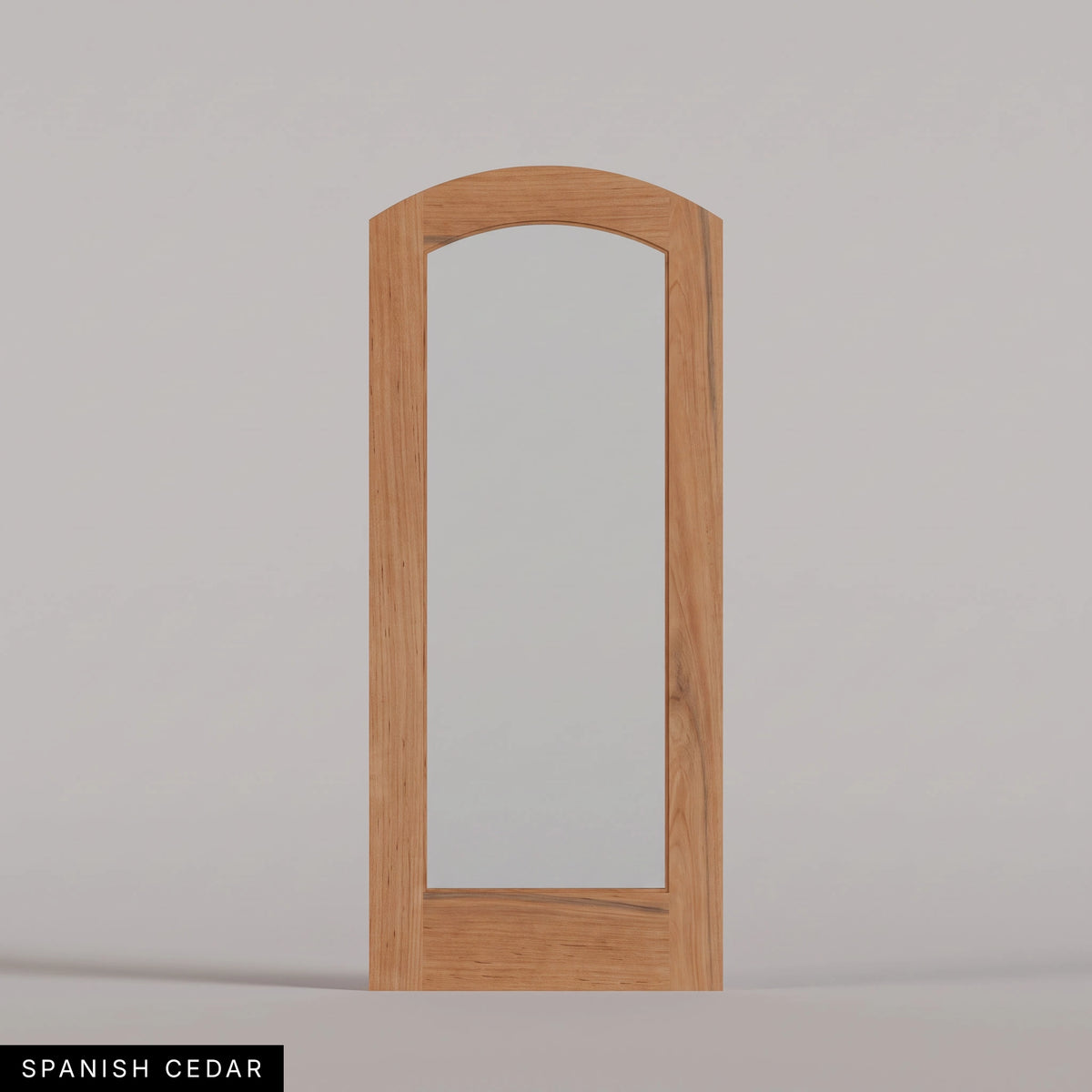 Amalfi arched door in Spanish Cedar, with a single full-height glass panel. Labeled wood species view.