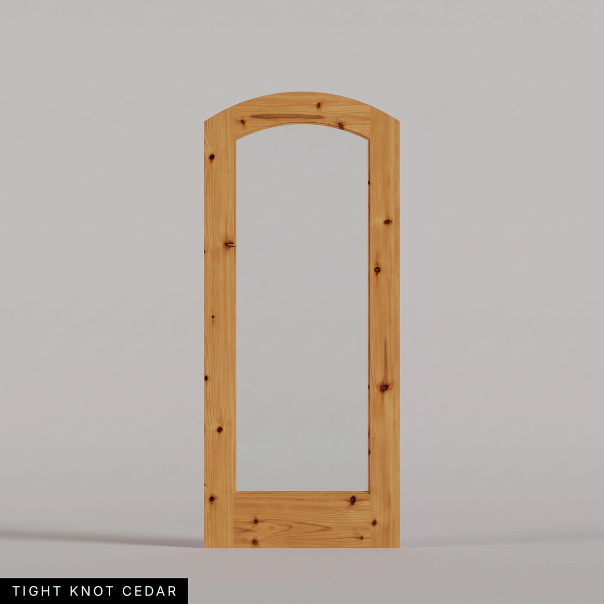 Amalfi arched door in Tight Knot Cedar, with a single full-height glass panel. Labeled wood species view.
