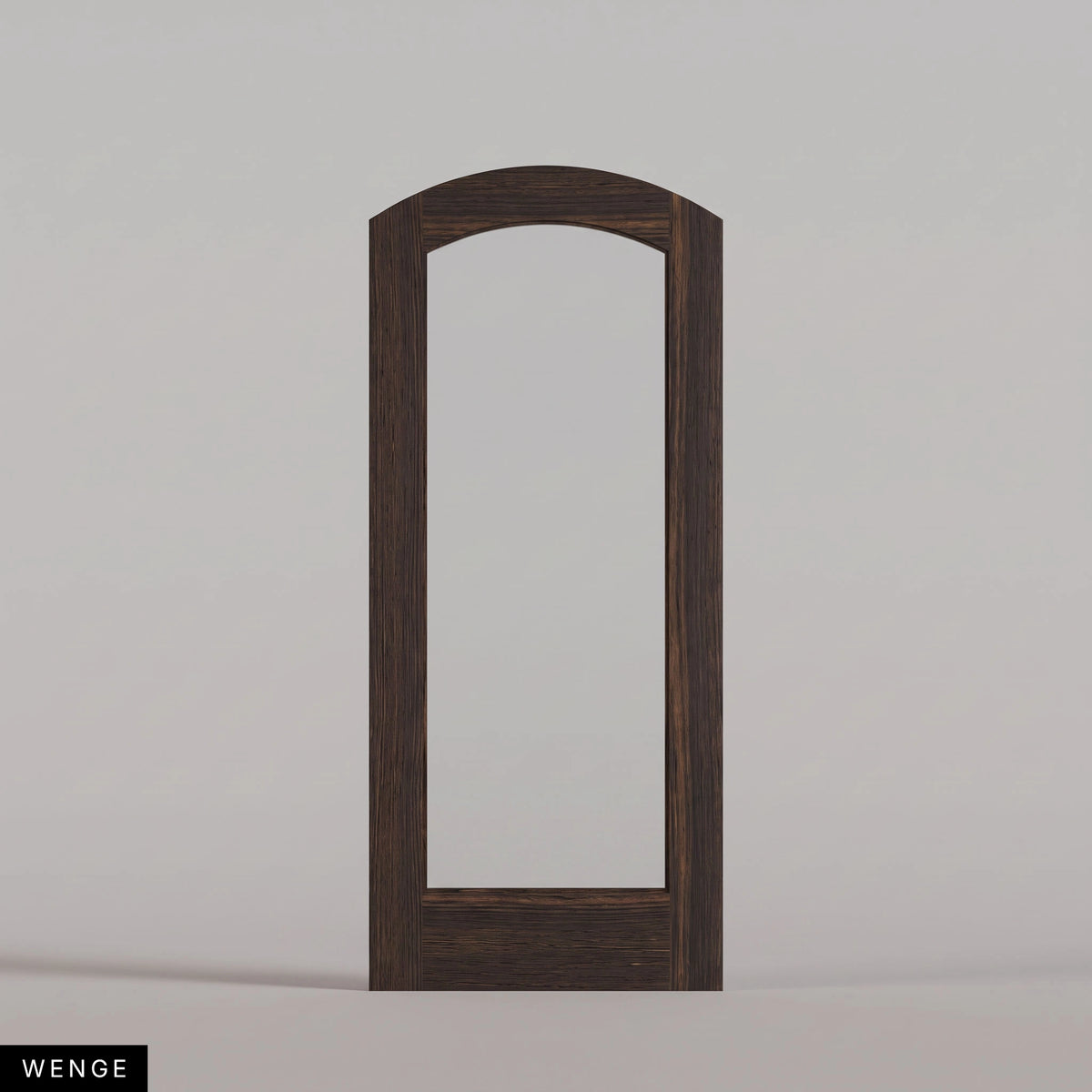Amalfi arched door in Wenge, with a single full-height glass panel. Labeled wood species view.