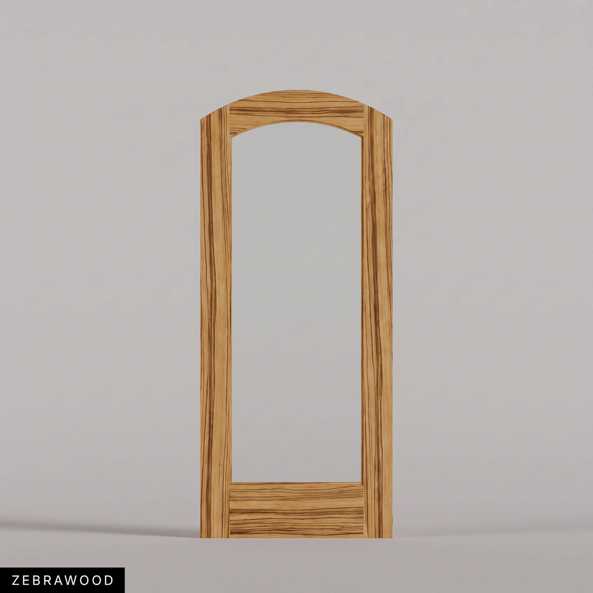 Amalfi arched door in Zebrawood, with a single full-height glass panel. Labeled wood species view.