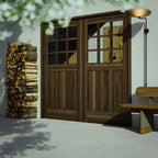 Ballard Walnut Wood Carriage Doors with Nine individual glass panes in a backyard next to a bench and a pile of fire wood