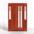 Wooden door with glass panels and sidelights on a white background