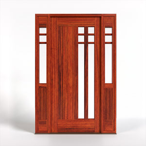 Wooden door with glass panels and sidelights on a white background