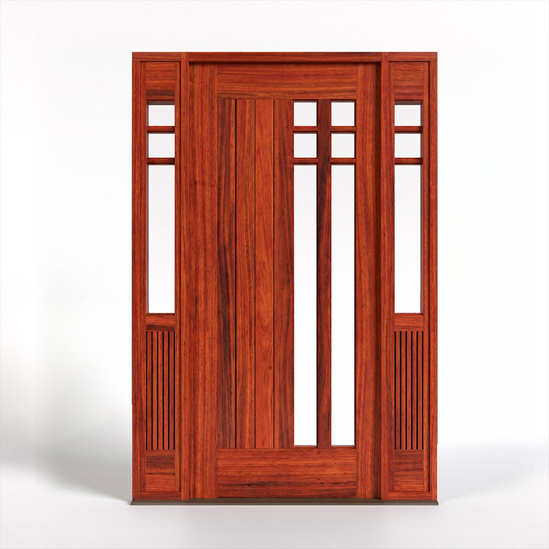 Wooden door with glass panels and sidelights on a white background