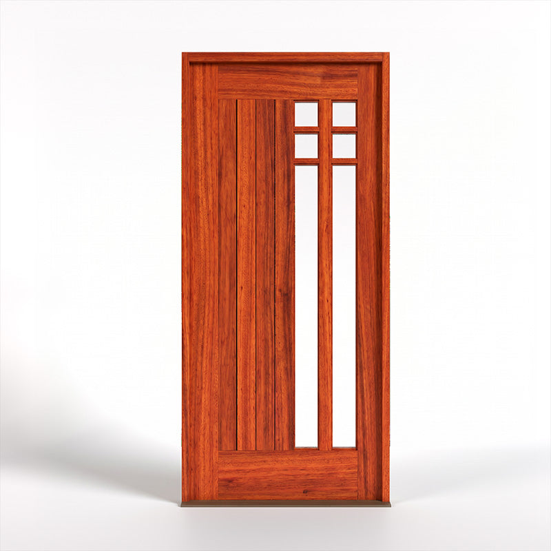 Padauk Wooden modern door with a glass panel on a white background