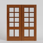 Pair of wooden double french doors with glass panels on a white background