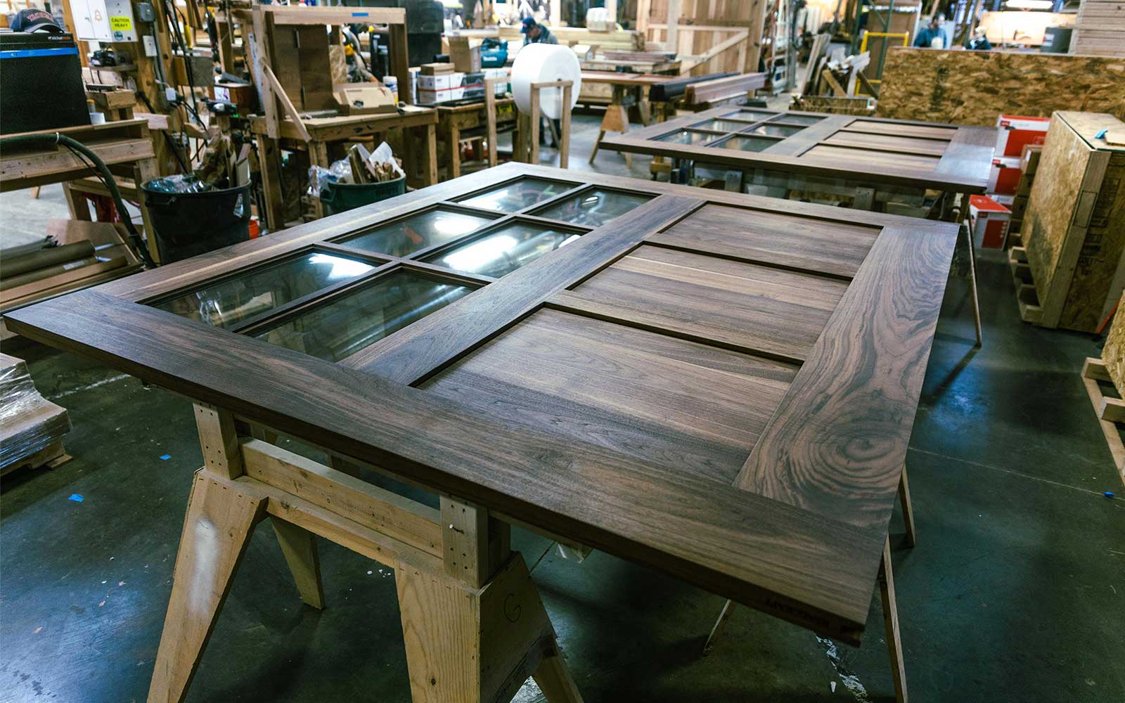 Walnut Wood Carriage Door in the wood shop