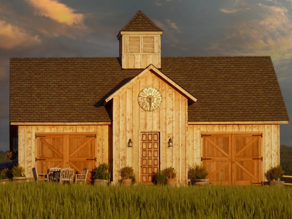 Rustic barn with wooden siding, featuring two large wooden doors and a central clock. A calm, warm atmosphere is set by sunset skies.