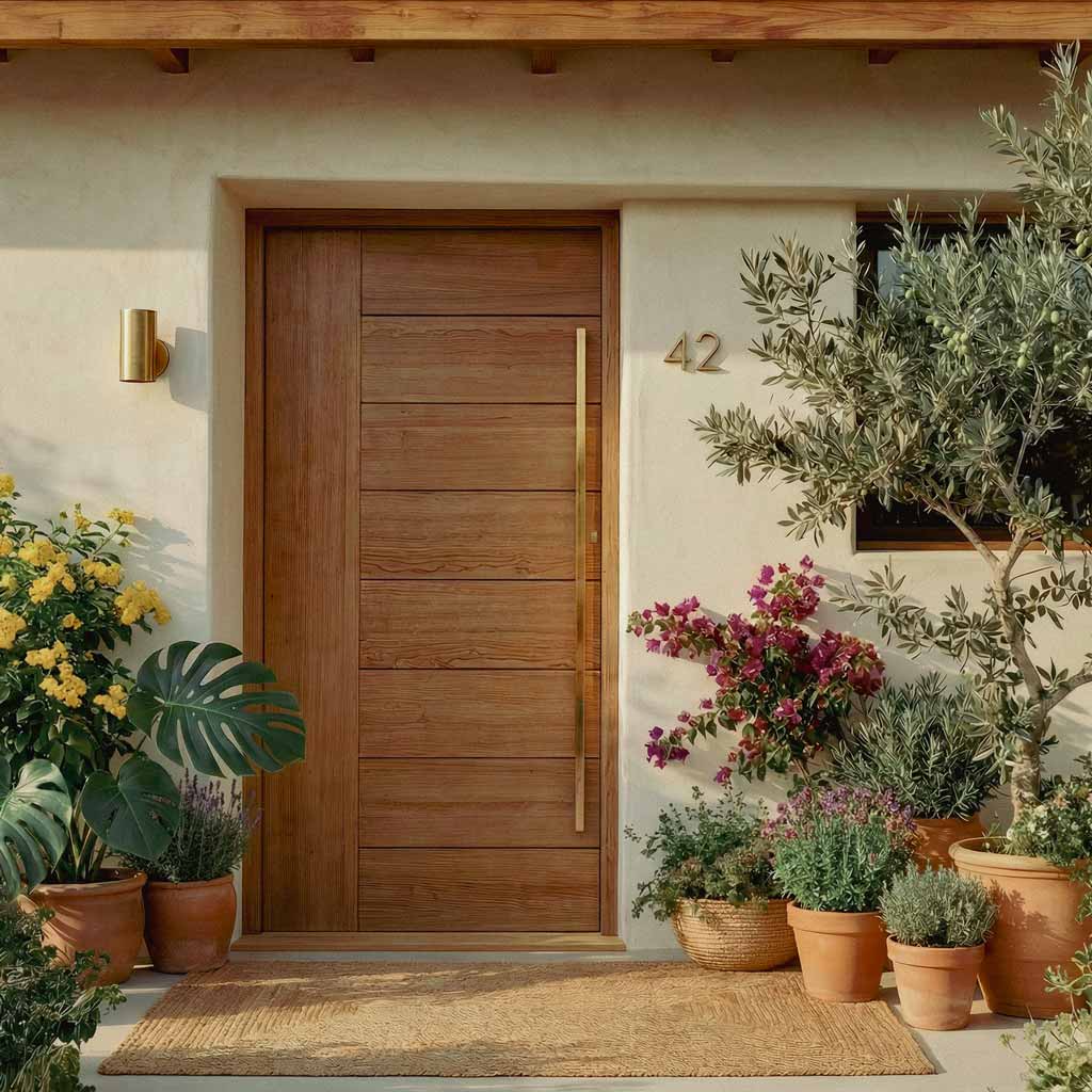 Modern Cherry Wood front door with potted plants and a address number on a building exterior.