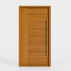 Cherry Wood moder front door with horizontal slats on a white background with a brass handle