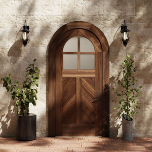 scene of Chevron panel glass window round top door on stone house in black walnut with matching trim