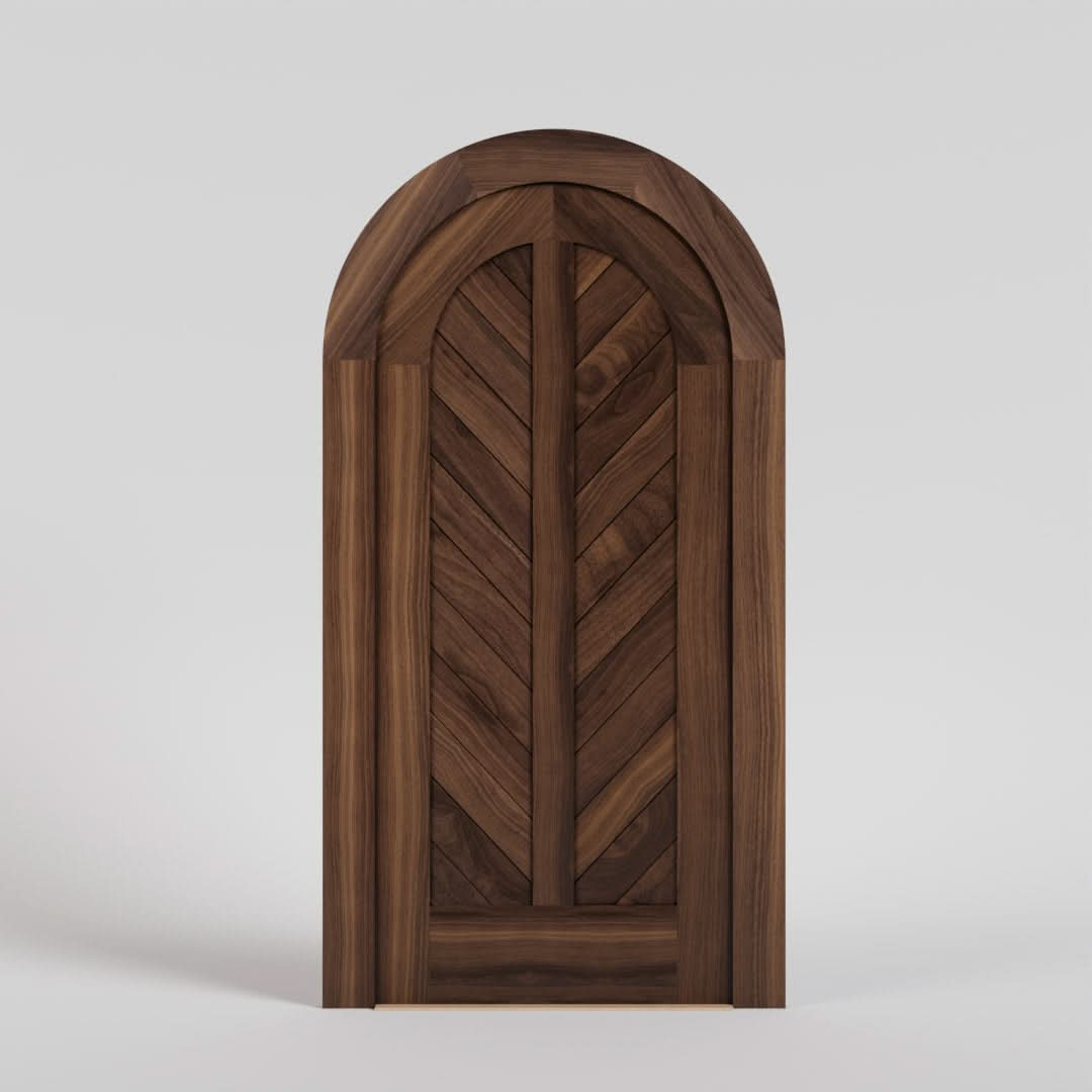 Chevron Panel Round Top Door with Matching Casing in Black Walnut