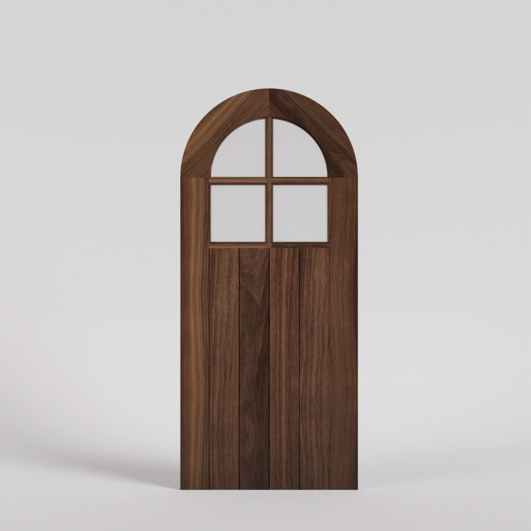 Flush Panel round top door with four glass panel window in black walnut