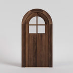flush panel round top door with four panel window with matching casing in black walnut