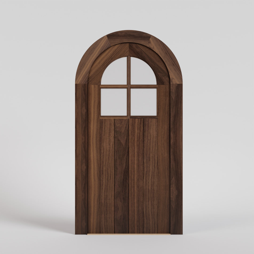 flush panel round top door with four panel window with matching casing in black walnut