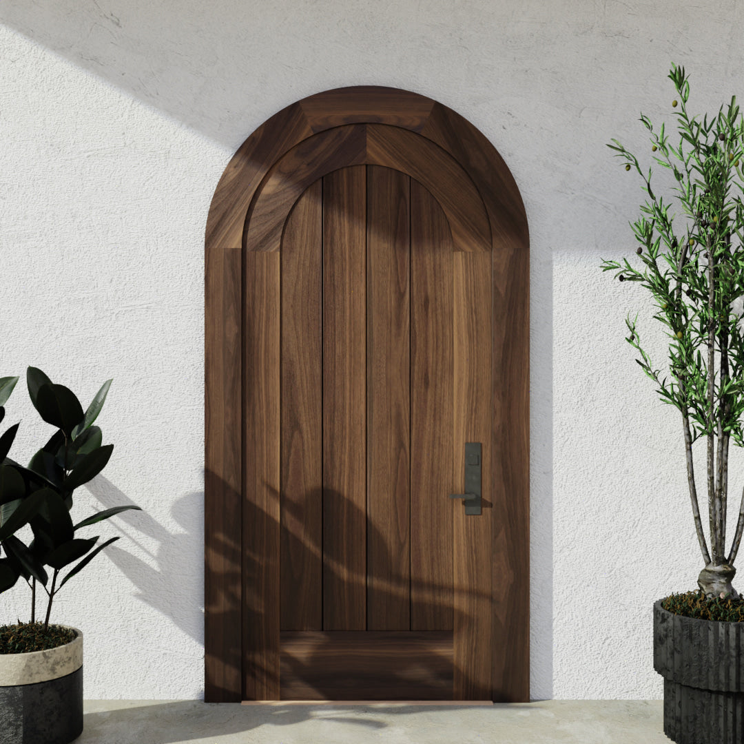 Classic Plank Door with matching wood casing in Black Walnut on modern home