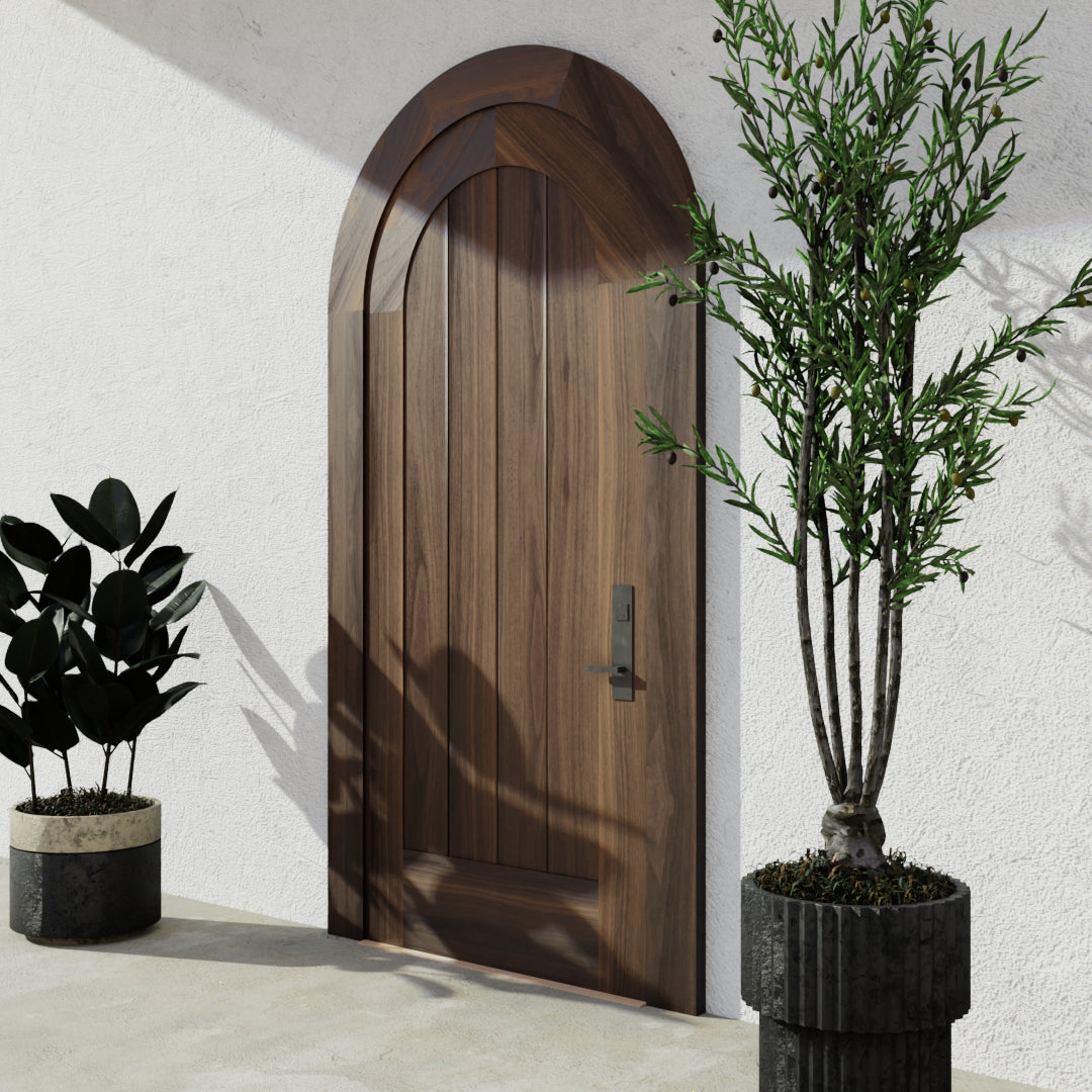 alternate view of Classic Plank Round Top Door with matching casing in Black Walnut on modern home